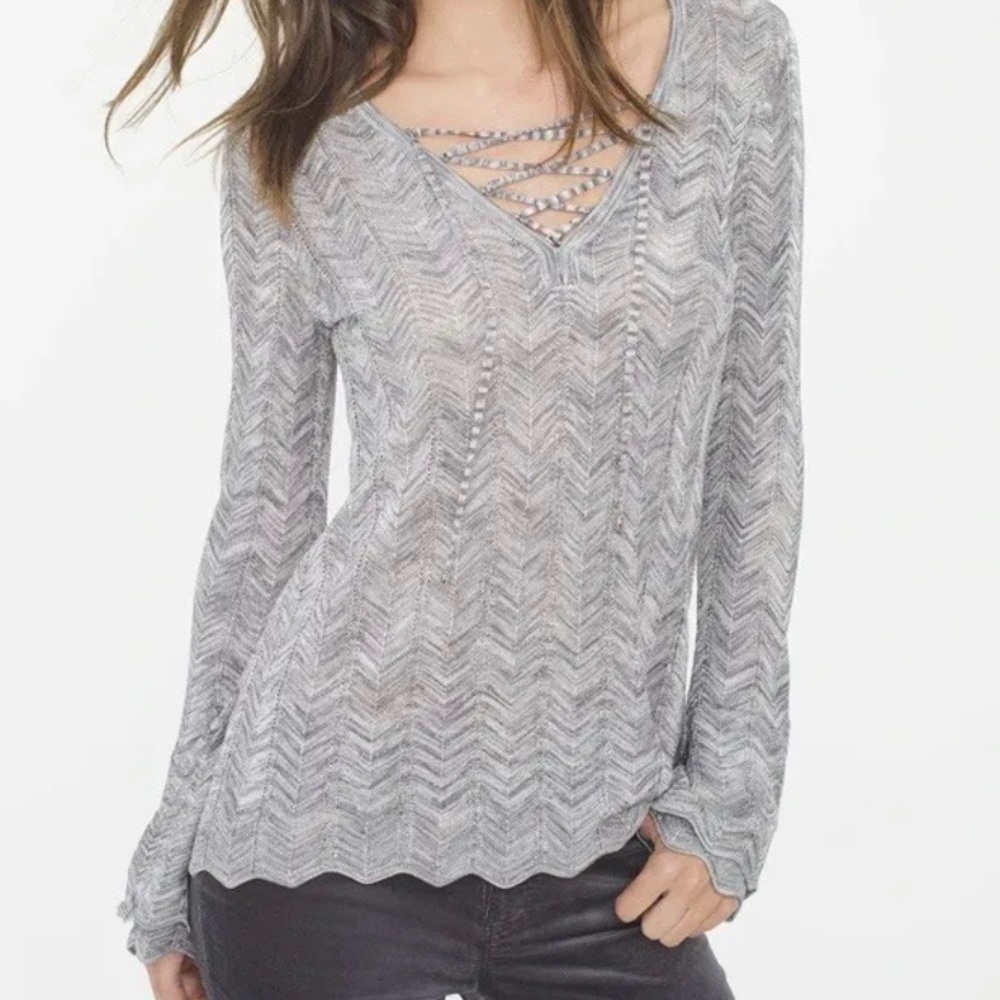 WHBM Sweater Womens Size XS Silver Lace Up Long Sleeve